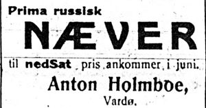 Annonse fra Anton Holmboe i Harstad Tidende 26. juni 1913.jpg