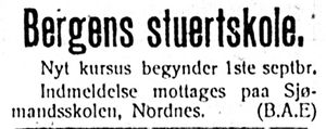 Annonse fra Bergens stuertskole i Harstad Tidende 31. juli 1913.jpg