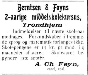 Annonse fra Berntsen og Føyns middelskole i Indtrøndelagen 20.6.1906.jpg