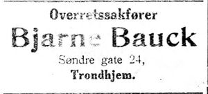 Annonse fra Bjarne Bauck i Nordtrønderen 10.6. 1914.jpg