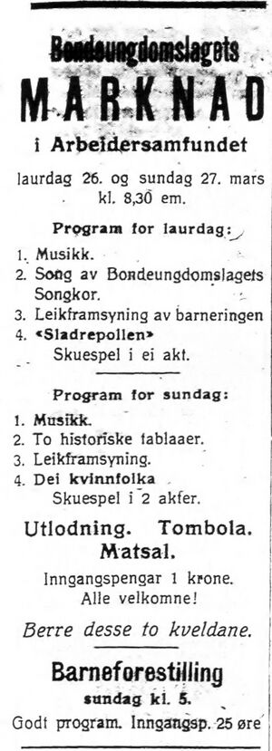 Annonse fra Bondeungdomslaget i Harstad i Dagens Nyheter mars 1928.jpg