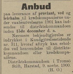 Annonse fra Distriktskommandoen i Tromsø Stift i Harstad Tidende 22.11.1900.jpg