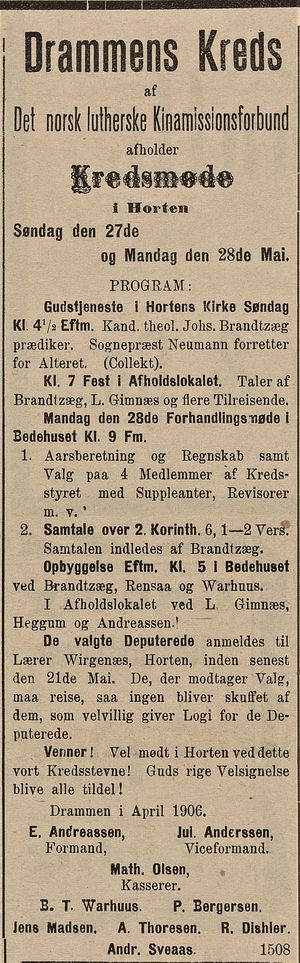 Annonse fra Drammen Kreds av Det norsk lutherske Kinamissionsforbund i Gjengangeren 19.05.1906.jpg