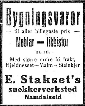 Annonse fra E, Staksets snekkerverksted i Trønderbladet 1512. 1926.jpg