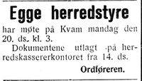 Ordføreren annonser herredsstyremøte 20. mars 1933 (Nord-Trøndelag og Nordenfjeldsk Tidende 14. mars 1933).