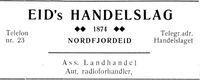 Annonse for Eids Handelslag, etablert 1874.