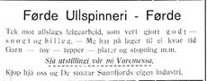 Annonse frå Førde Ullspinneri. Foto: Florø og litt om Sunnfjord (1935)