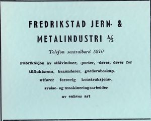 Annonse fra Fredrikstad Jern- & Metalindustri AS i Norsk Militært Tidsskrift nr. 11 1960.jpg