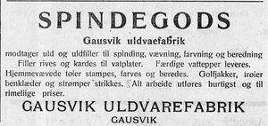 Annonse fra Gausvik Uldvarefabrik i Folkeviljen 29 11 1918.jpg