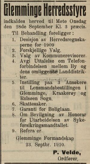 Annonse fra Glemminge Formandskap i Fredriksstad Tilskuer 24.09. 1910.jpg