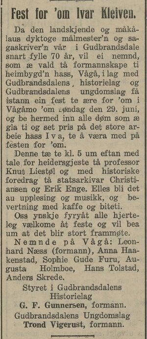 Annonse fra Gudbrandsdalens Historielag i Gudbrandsdølen 19.06. 1924.jpg