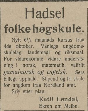 Annonse fra Hadsel folkehøgskule i Haalogaland 08.08.1908.jpg