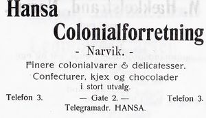 Annonse fra Hansa Colonialforretning i Narvikboka 1912.jpg