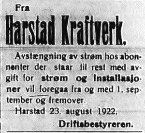 Annonse fra Harstad Kraftverk i Folkeviljen 24.8.1922.jpg