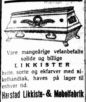 Annonse fra Harstad Likkiste & Møbelfabrik i Folkeviljen.jpg