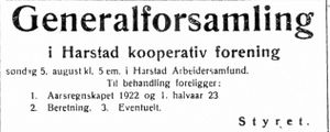 Annonse fra Harstad koop. Forening i Folkeviljen 23. juli 1923.jpg