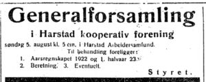 Annonse fra Harstad kooperative Forening i Folkeviljen 2.8. 1923.jpg