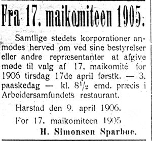 Annonse fra Harstads 17. maikomitè 1905 i Haalogaland 11.4.-06.jpg