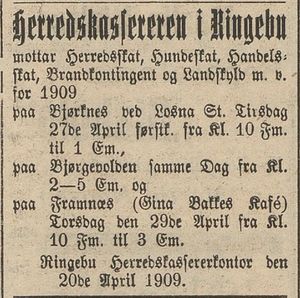 Annonse fra Herredskassereren i Ringebu i Gudbrandsdølen 22.04.1909.jpg