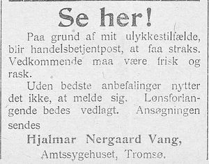 Annonse fra Hjalmar Nergaard Vang i Haalogaland 01.05. 1907.jpg