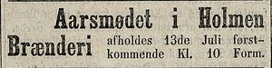 Annonse fra Holmen Brænderi i Oplandenes Avis 03.07. 1872.jpg