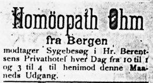 Annonse fra Homøopat Ohm, Bergen i Søndmøre Folkeblad 15.1.1892.jpg