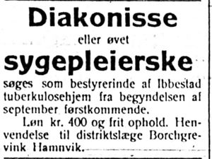 Annonse fra Ibbestad tuberkulosehjem i Harstad Tidende 3. juli 1913.jpg
