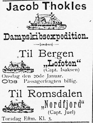 Annonse fra Jacob Thokles Dampskibsexpedition i Søndmøre Folkeblad 18.1.1892.jpg