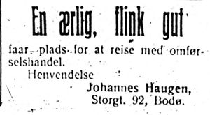 Annonse fra Johannes Haugen i Harstad Tidende 24. juli 1913.jpg