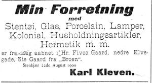 Annonse fra Karl Kleven i Indtrøndelagen 31.8. 1900.jpg
