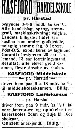 Annonse fra Kasfjord Handelsskole i Harstad Tidende 28. juli 1913.jpg
