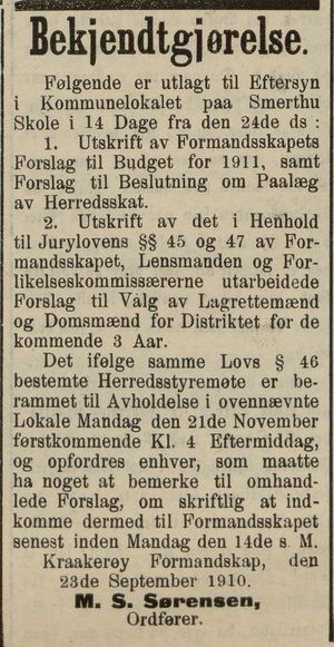 Annonse fra Kraakerøy Formandskap i Fredriksstad Tilskuer 24.09. 1910.jpg