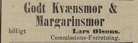 Annonse for kvænsmør (smør fra Finland) og «margarinsmør» i Tromsø Stiftstidende 8. januar 1888.