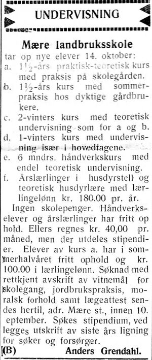 Annonse fra Mære landbruksskole i Inntrøndelagen og Trønderbladet 31.7.1936.jpg