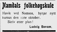 8. Annonse fra Namdals folkehøgskule i Ungskogen 16.9. 1915.jpg