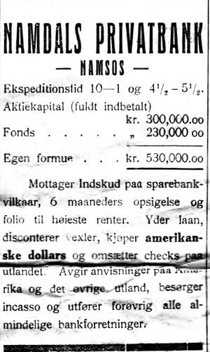 Annonse fra Namdals privatbank i Nordtrønderen 10.6. 1914.jpg