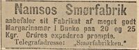 Annonse for margarin fra Namsos Smørfabrik i Vardø-Posten 23. august 1885.