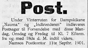 Annonse fra Namsos postkontor i Namdalens Folkeblad 1901.jpg