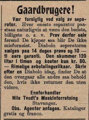Annonse fra Nils Tvedts Maskinforretning i Gula Tidend 02.01. 1913.jpg