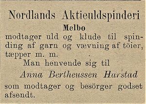 Annonse fra Nordlands Aktieuldspinderi, Melbo i Harstad Tidende 30.08.1900.jpg