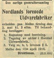 159. Annonse fra Nordlands forenede Uldvarefabriker i Morgenbladet 23.04. 1916.jpg