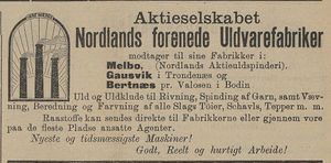 Annonse fra Nordlands forenede Uldvarefabriker i Tromsø Amtstidende 16.07.1900.jpg