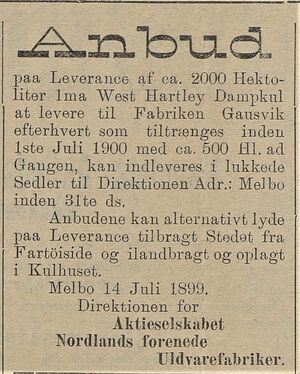 Annonse fra Nordlands forenede Uldvarefabriker i Tromsø Amtstidende 17.06. 1899.jpg