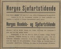 Slik ble sammenslåingen med avisa Norges Sjøfartstidende og navneendringen til Norges Handels og Sjøfartstidende kunngjort i Norges Sjøfartstidende den 30. desember 1911.