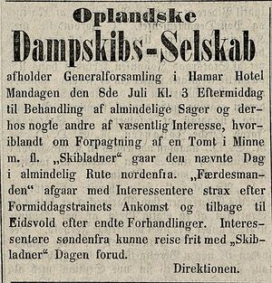 Annonse fra Oplandske Dampskibs-Selskab i Oplandenes Avis 03.07. 1872.jpg