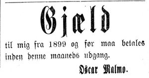 Annonse fra Oscar Malmo i Indtrøndelagen 18.4.1900.jpg