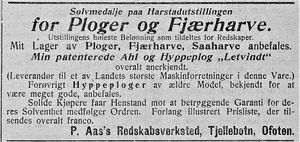 Annonse fra P. Aas`s redskapsverksted i Haalogaland 25.05. 1912.jpg