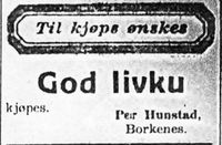 192. Annonse fra Per Hunstad, Kvæfjord i Harstad Tidende 22. november 1939.jpg