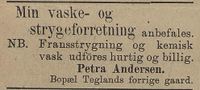 Annonse for Petra Andersens vaske- og strykeforretning fra Tromsø tidende 1897.