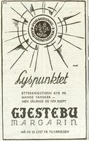 Annonse for Gjestebu Margarin fra Porsgrunns Margarinfabrikk i Friheten 1. mai 1947.